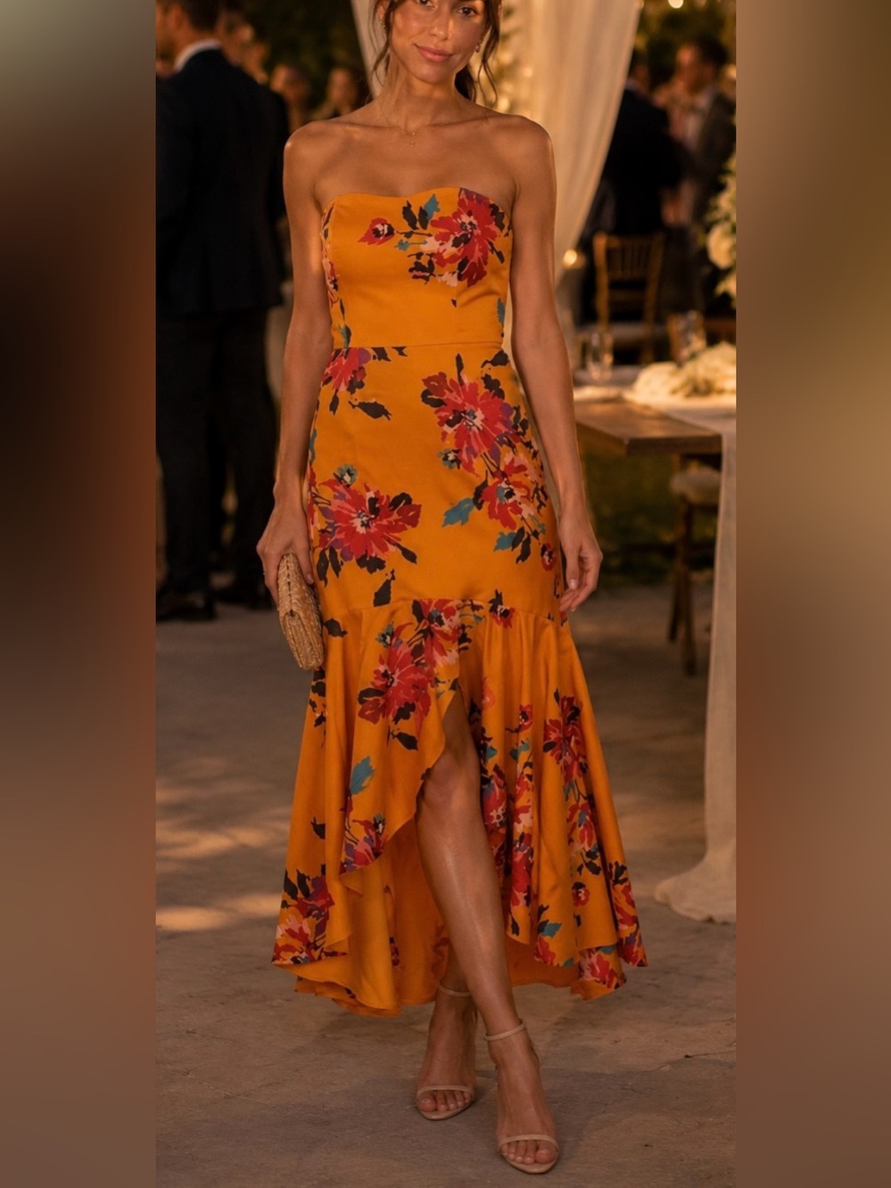 Hutch Strapless Hi-Low Floral Dress in Mustard with Red Accents